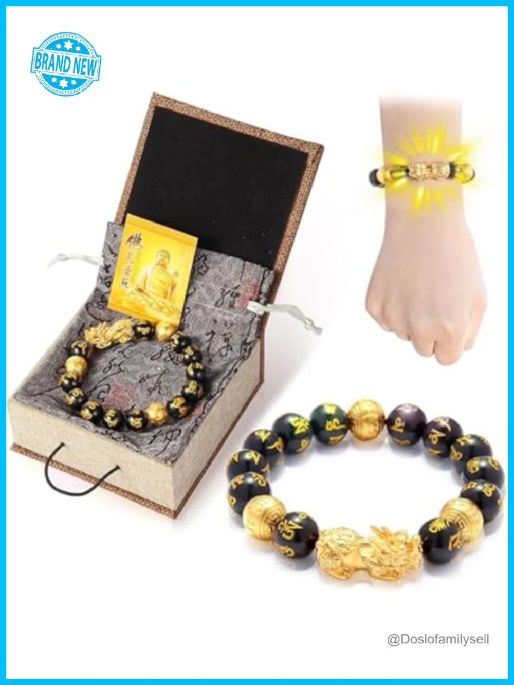 Feng Shui Bracelet 24K Gold Plated PiXiu Obsidian Prayer Beads Lucky Wealth
